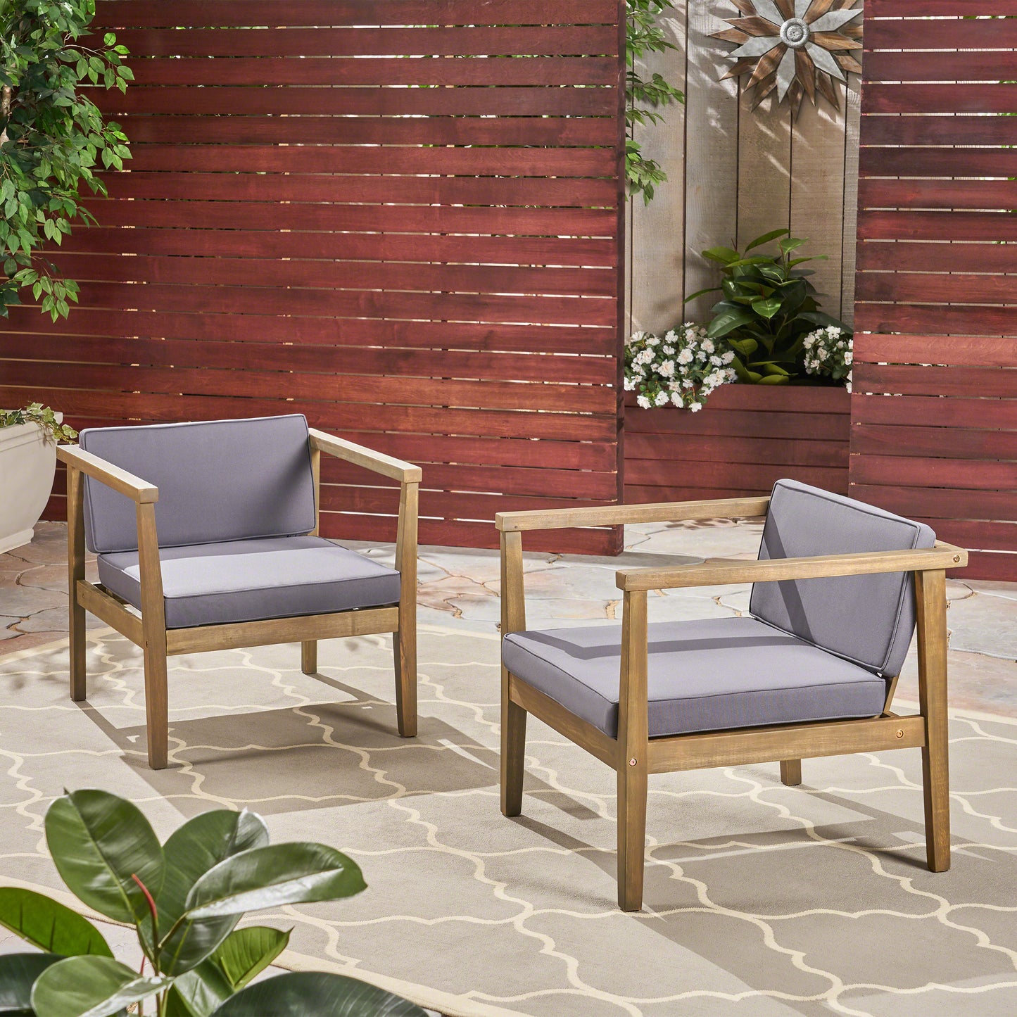 Thomson Outdoor Acacia Wood Club Chairs with Water-Resistant Cushions (Set of 2)