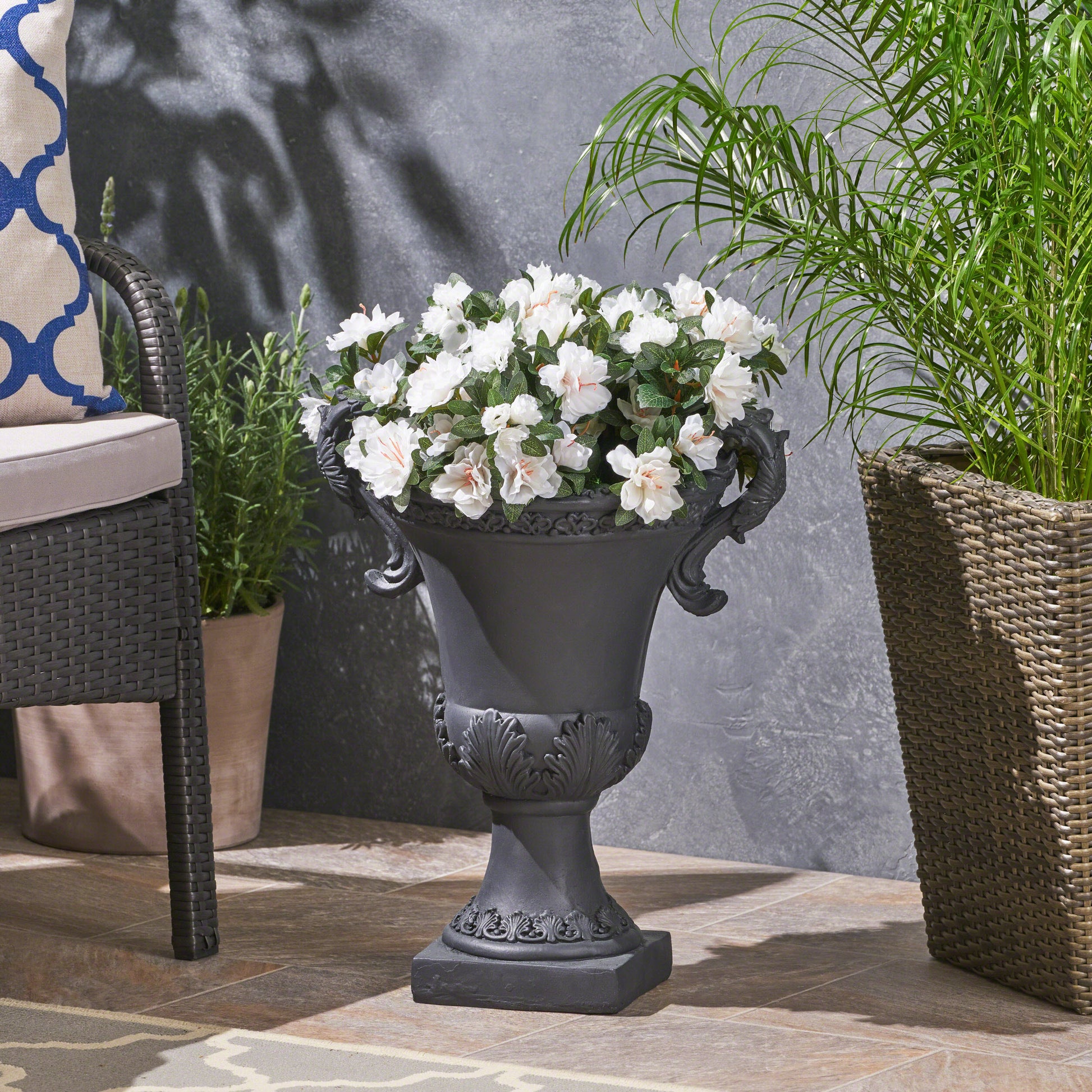 noble house lucca white italian 26-inch urn planter Renee Chalice Garden Urn Planter, Roman, Botanical, Lightweight Concrete Black
