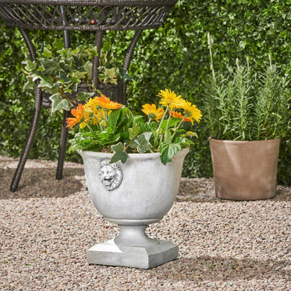 Montana Chalice Garden Urn Planter, Roman, Lionhead Accents, Lightweight Concrete