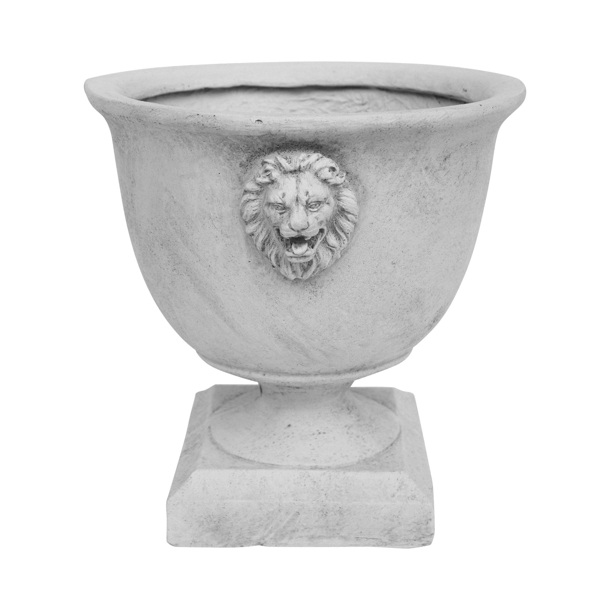 lion head planter pot Andrea Chalice Garden Urn Planter, Roman, Lionhead Accents, Antique White Lightweight Concrete