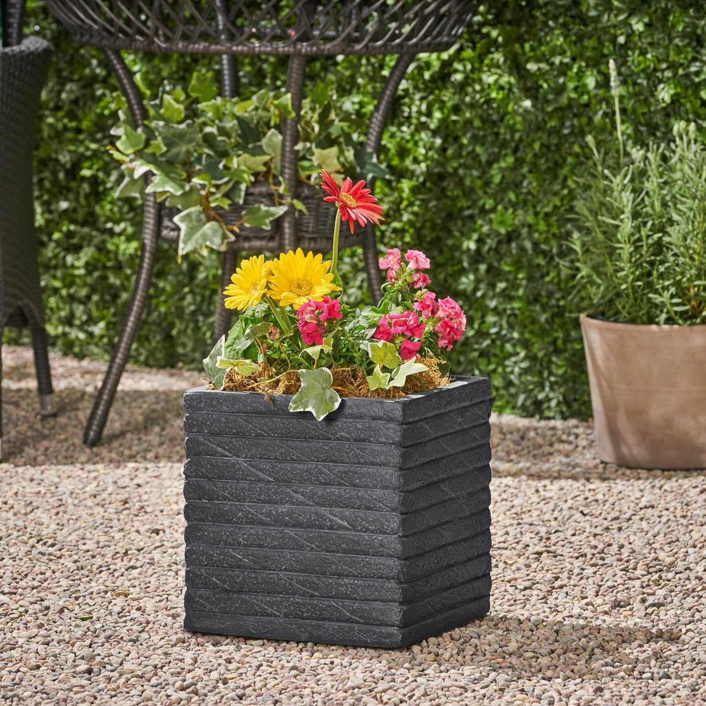 Lilith Garden Urn Planter, Square, Riveted, Lightweight Concrete