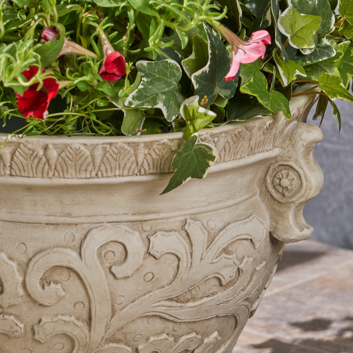 Doreen Garden Urn Planter Pot, Round, Roman, Botanical, Lightweight Concrete