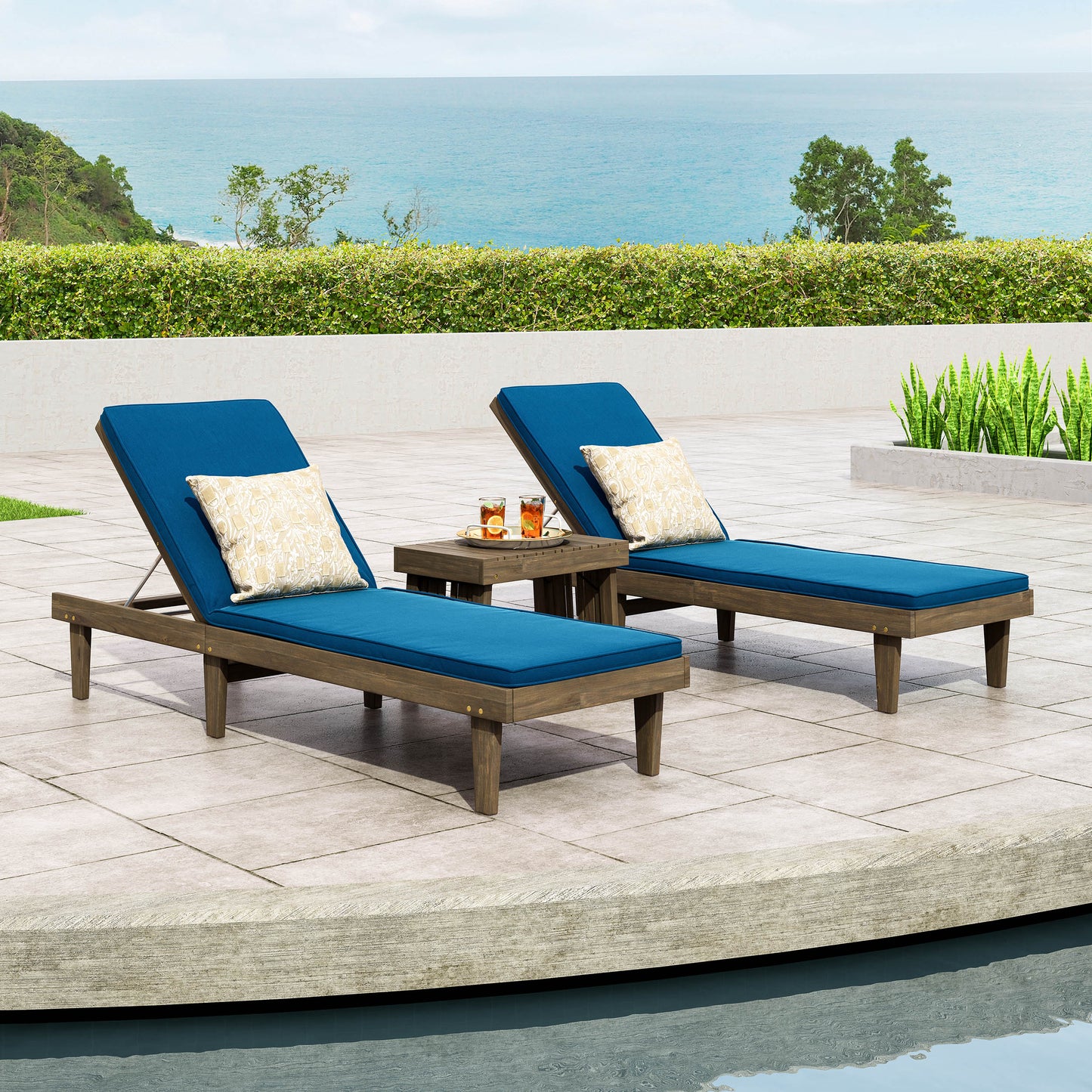 Addisyn Outdoor Acacia Wood 3 Piece Chaise Lounge Set with Water-Resistant Cushions