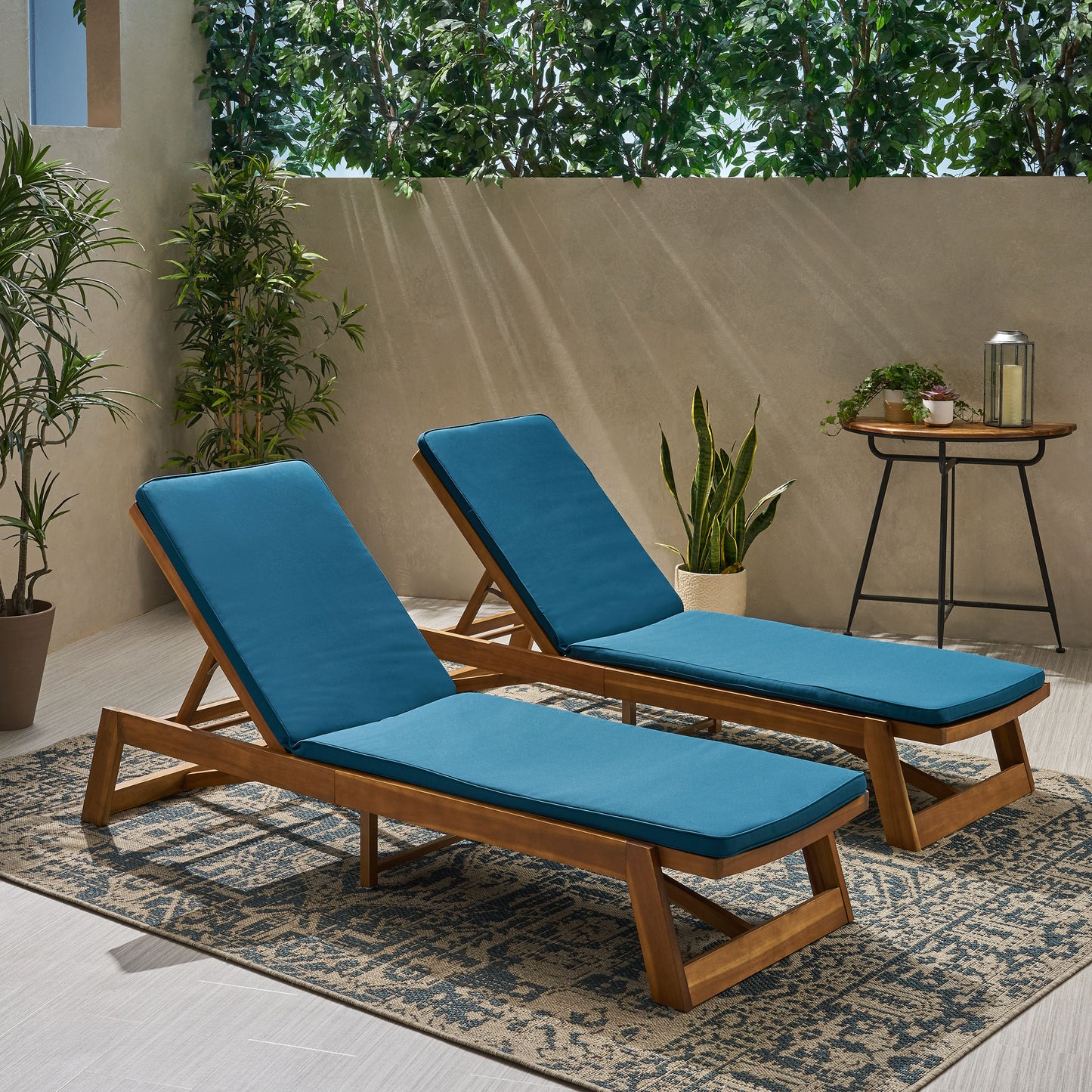 Tina Outdoor Acacia Wood Chaise Lounge and Cushion Sets (Set of 2)