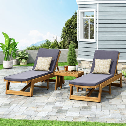 Karyme Outdoor Acacia Wood 3 Piece Chaise Lounge Set with Water-Resistant Cushions
