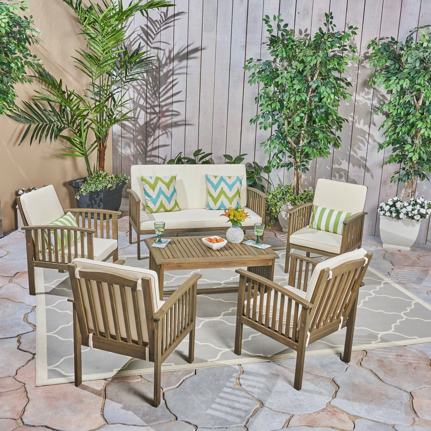 Parry Outdoor Open Slat 6-Seater Acacia Wood Conversation Set with Coffee Table