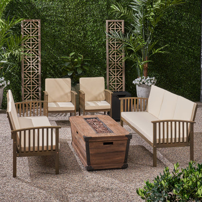 Beckley Outdoor 4 Piece Acacia Wood Conversational Sofa Set with Cushions and Fire Pit