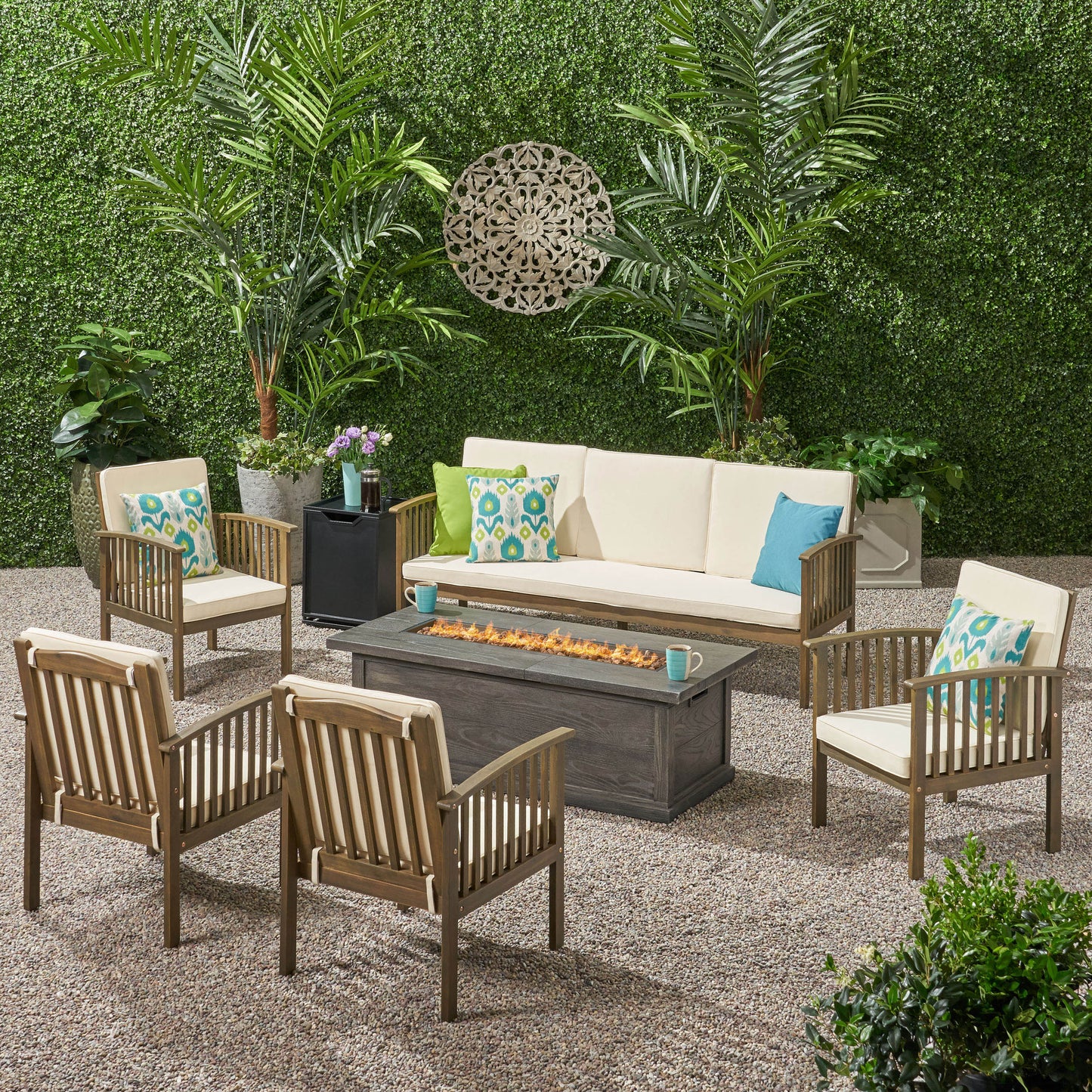 Suzanne Sophia Outdoor 7 Piece Acacia Wood Chat Set with Fire Pit
