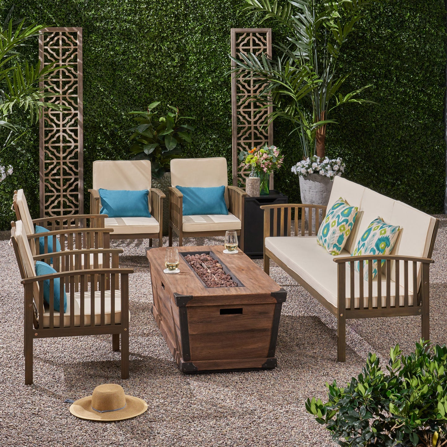 Beckley Outdoor 5 Piece Acacia Wood Conversational Set with Cushions and Fire Pit