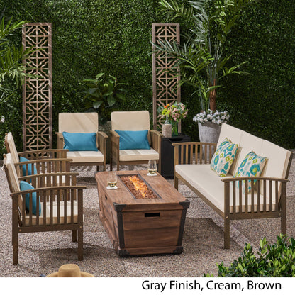 Beckley Outdoor 5 Piece Acacia Wood Conversational Set with Cushions and Fire Pit