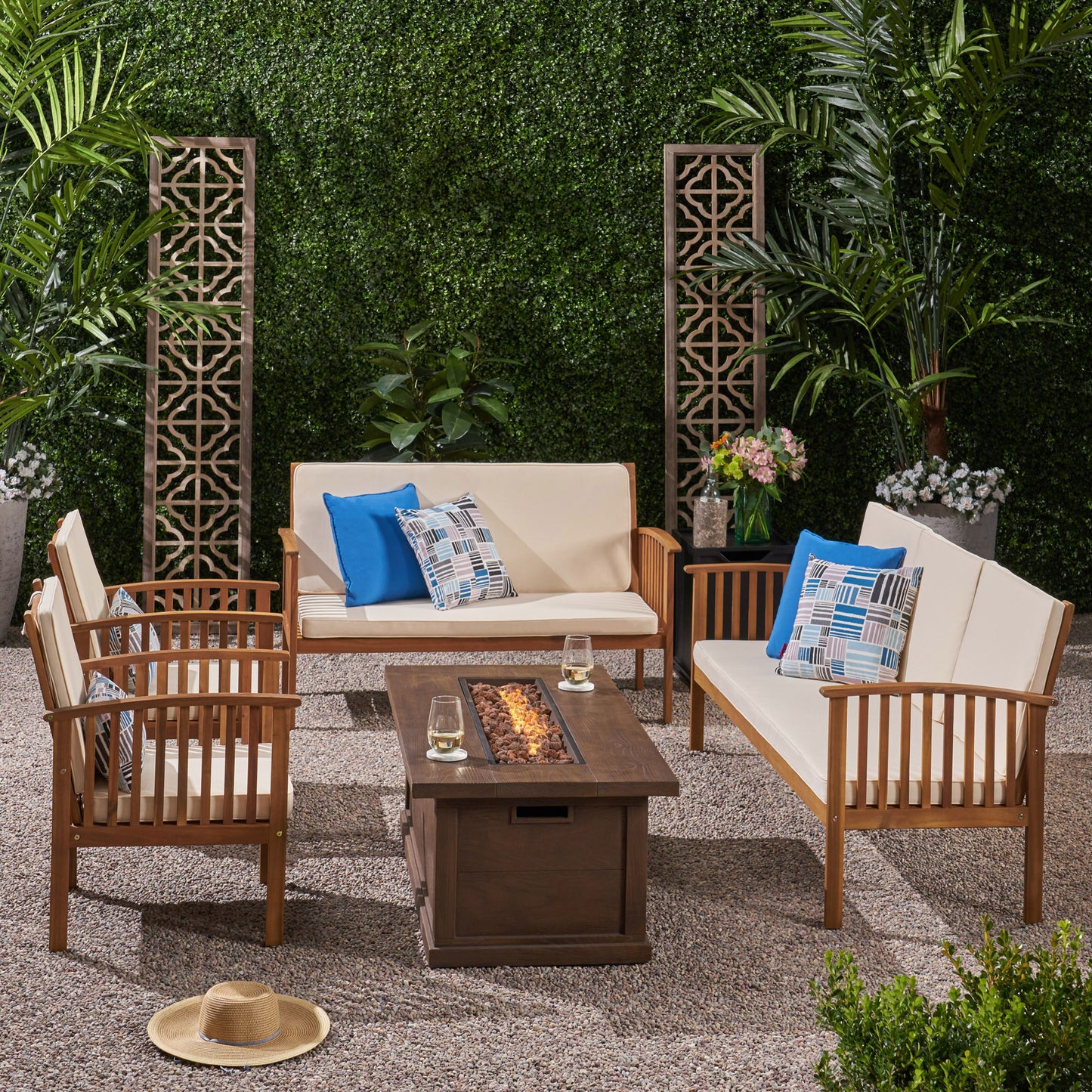 Jean Outdoor 6 Piece Acacia Wood Sofa and Loveseat Conversational Set with Fire Pit