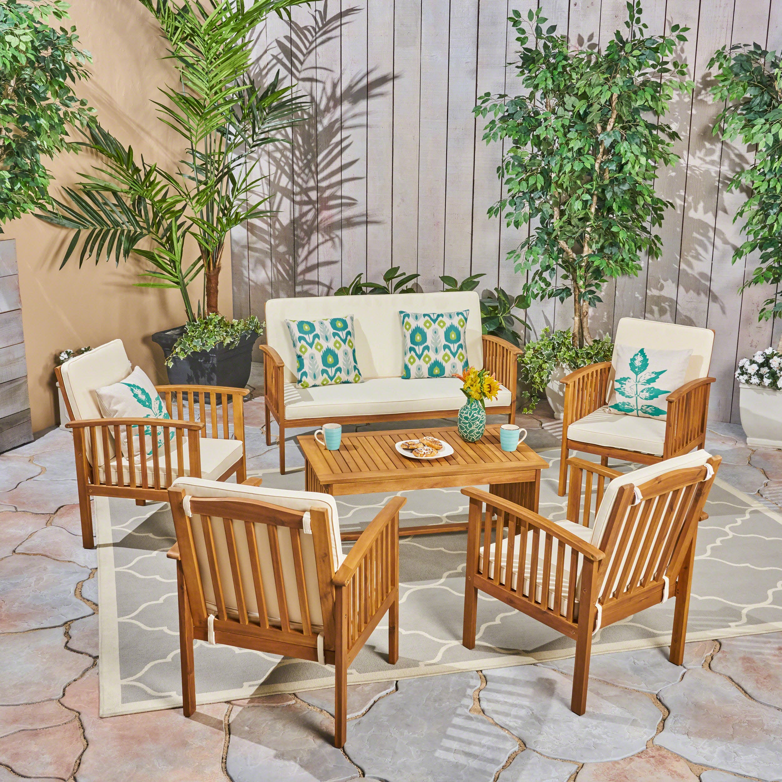 Parry Outdoor Open Slat 6 Seater Acacia Wood Conversation Set with