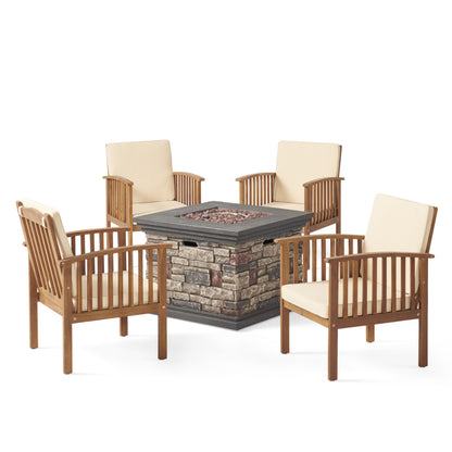 Cape Outdoor 4-Seater Acacia Wood Club Chairs with Firepit, Brown Patina Finish and Cream and Stone