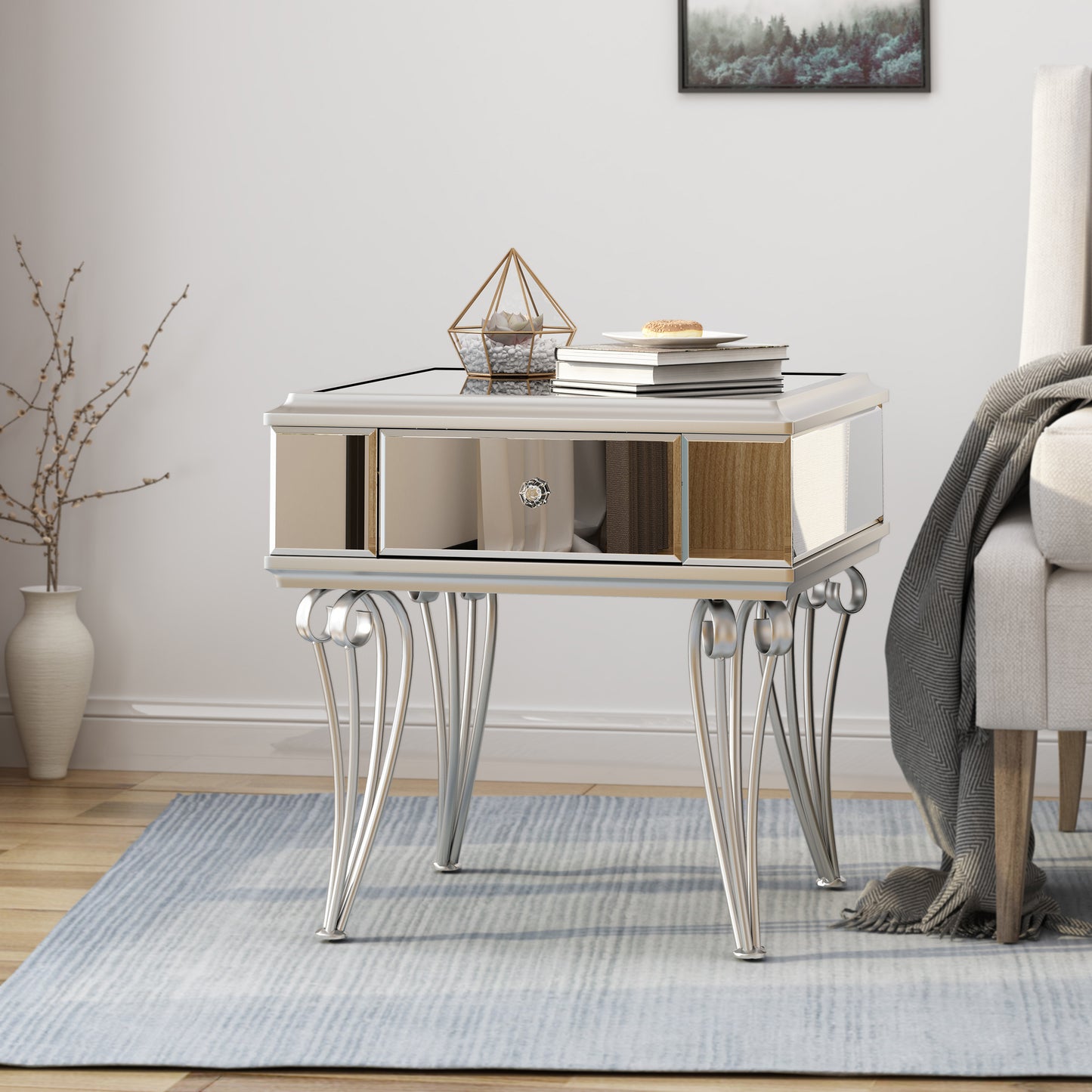 Mamie Modern Mirrored Accent Table with Drawer, Tempered Glass