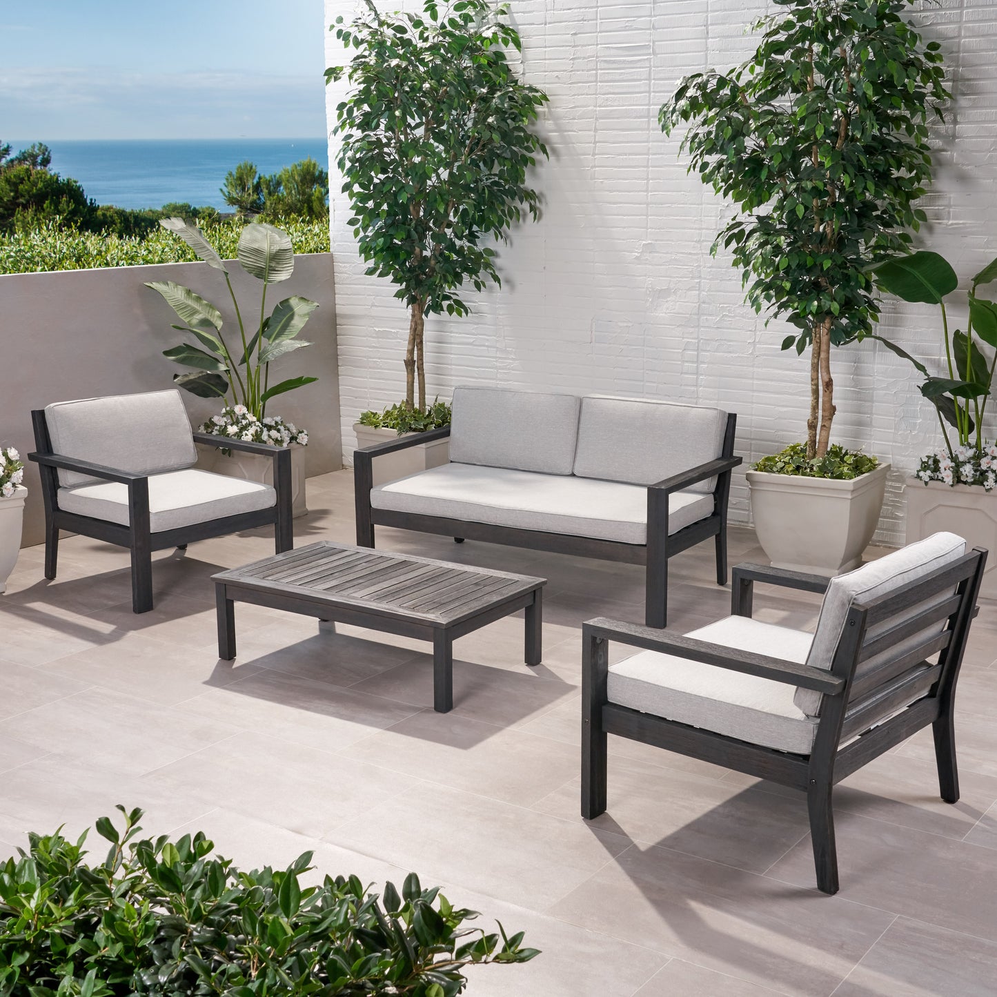 Joanne Outdoor 4 Seater Acacia Wood Chat Set with Cushions