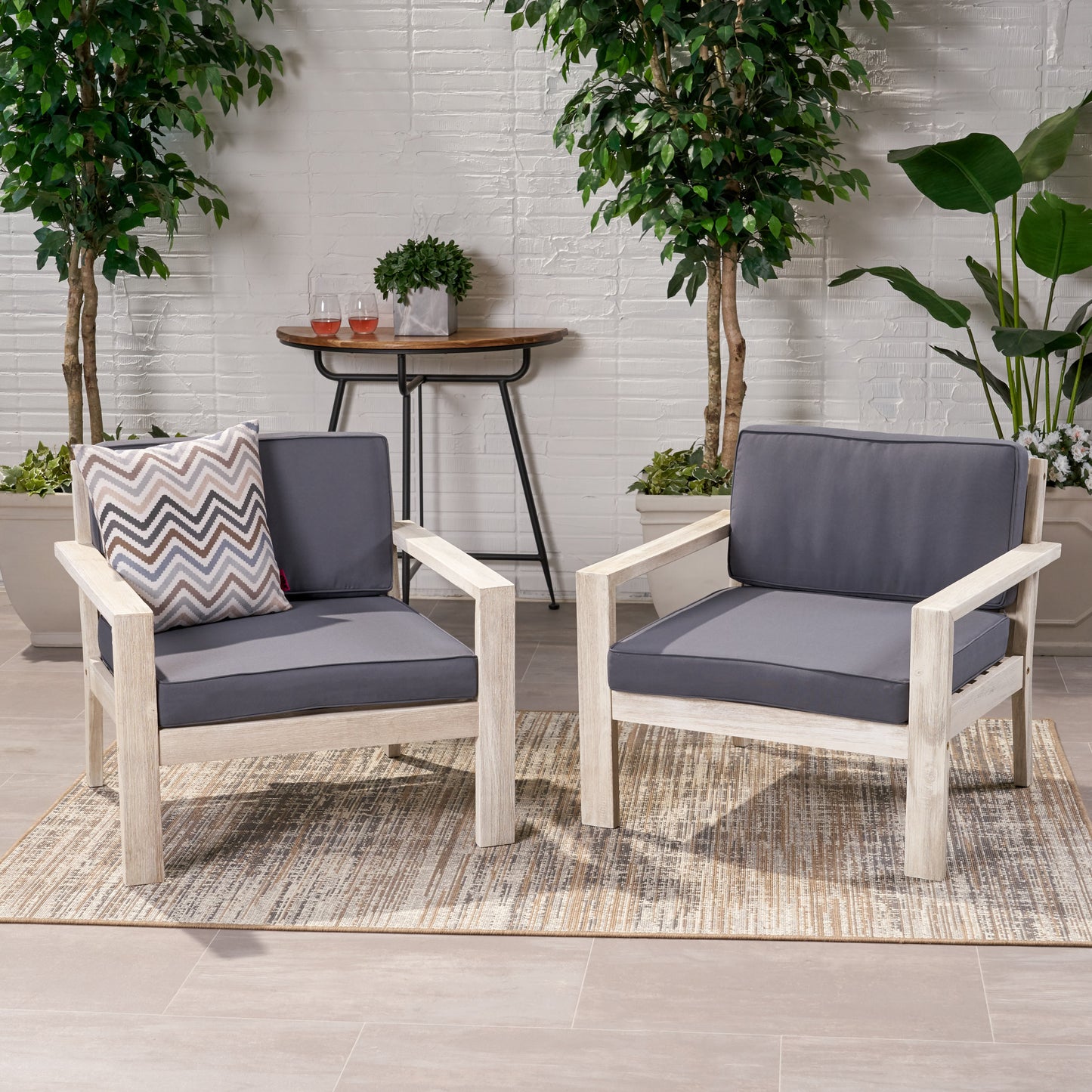 Ben Outdoor Acacia Wood Club Chairs with Cushions (Set of 2)