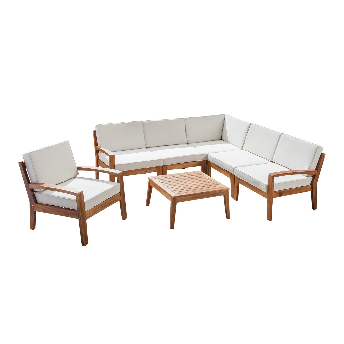 Giselle Outdoor Acacia Wood 6 Seater Sectional Sofa and Club Chair Set with Coffee Table