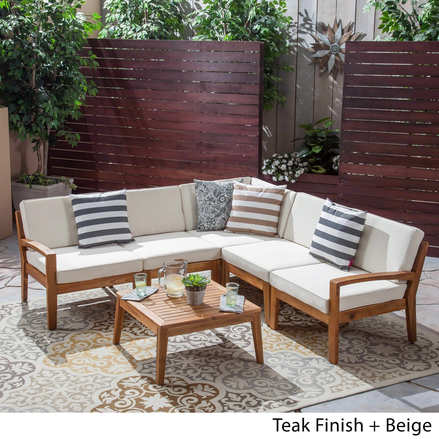 Roy Outdoor Acacia Wood 5 Seater Sectional Sofa Set with Coffee Table