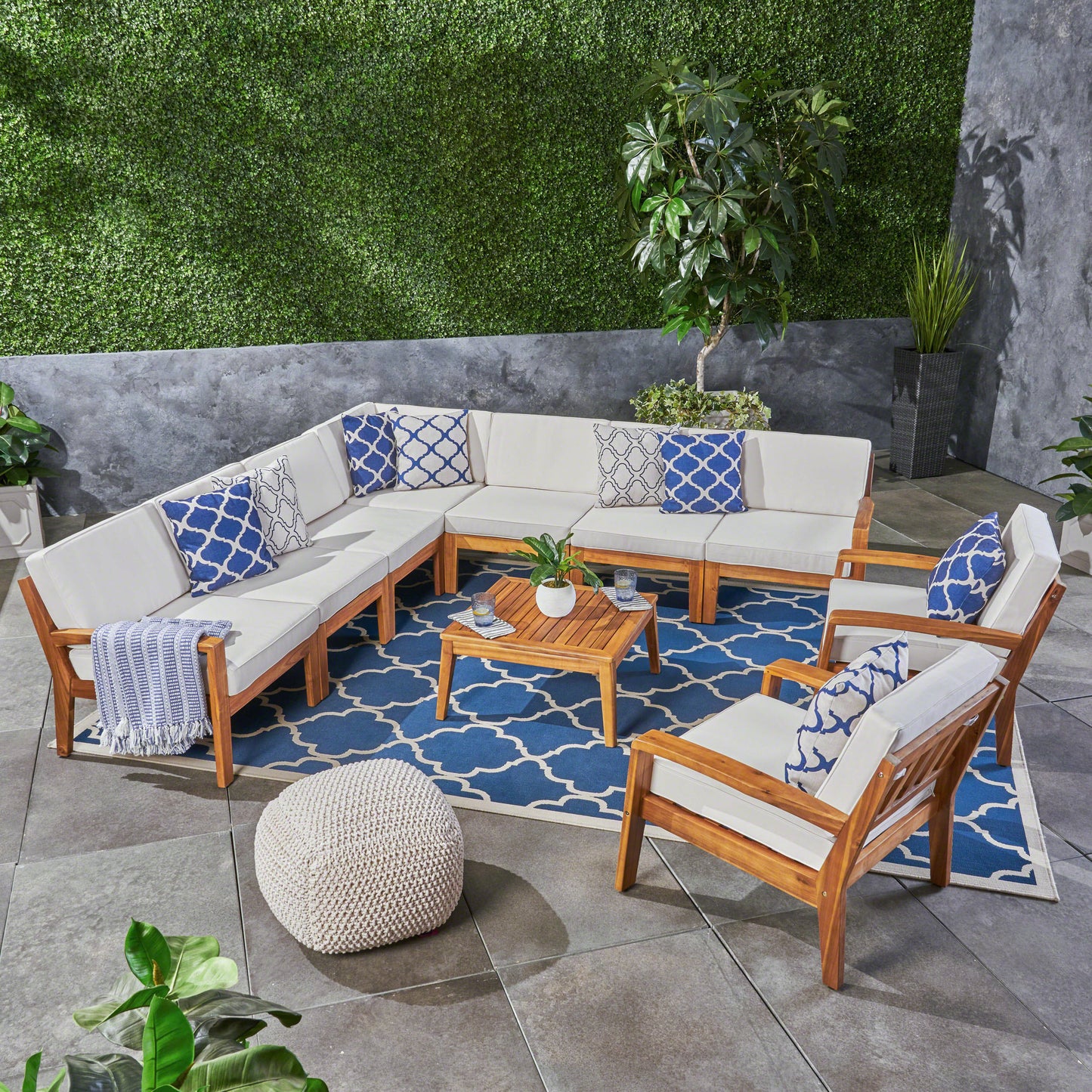 Madeline Outdoor Acacia Wood 9 Seater Sectional Sofa and Club Chair Set with Coffee Table