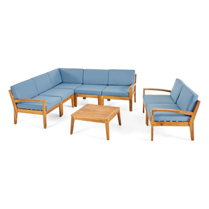 Giselle Outdoor Acacia Wood 7 Seater Sectional Sofa and Loveseat Set with Coffee Table