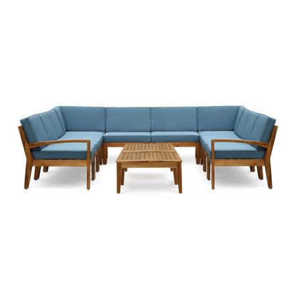 Ray Outdoor Acacia Wood 10 Seater Sectional Sofa Set with Two Coffee Tables