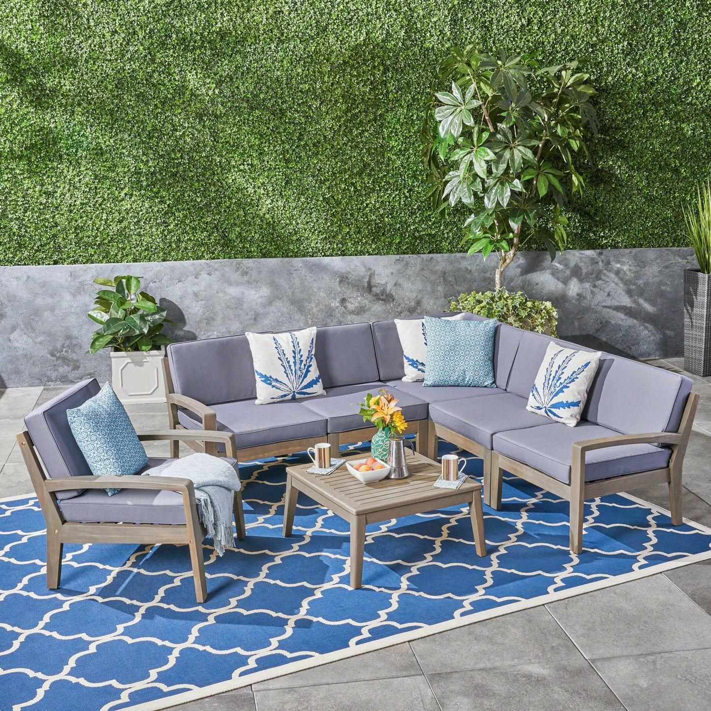 Giselle Outdoor Acacia Wood 6 Seater Sectional Sofa and Club Chair Set with Coffee Table
