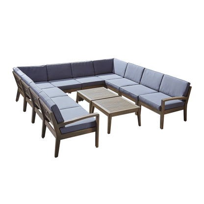 Roy Outdoor Acacia Wood 10 Seater Sectional Sofa Set with Two Coffee Tables
