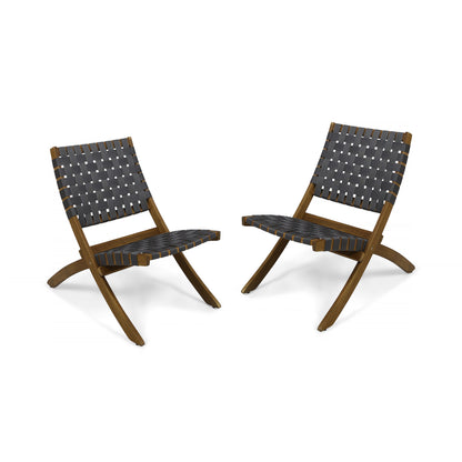 Riley Outdoor Acacia Wood Foldable Chairs (Set of 2), Brown Patina and Gray Straps