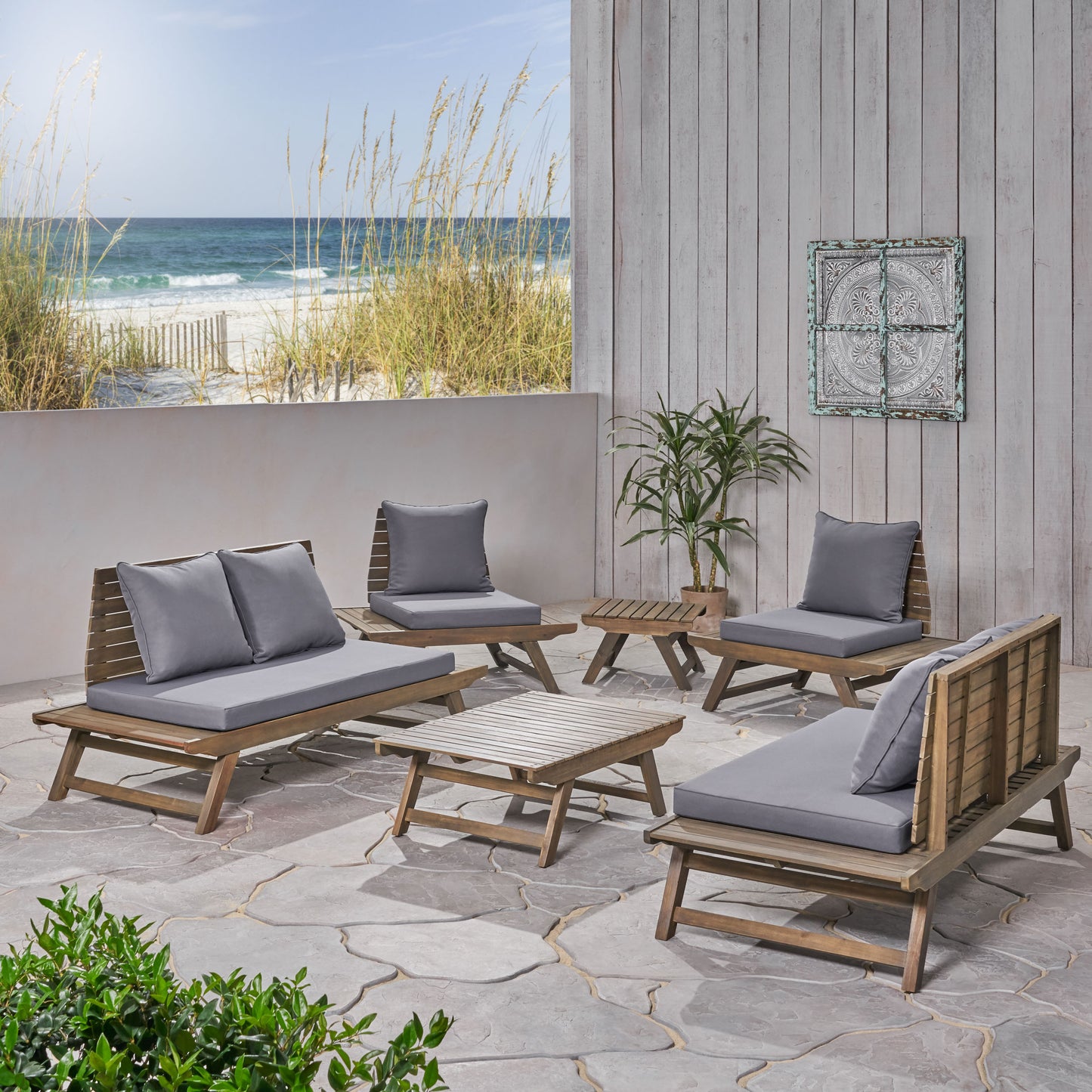 Jennifer Outdoor Acacia Wood 6 Seater Chat Set with Side Table and Coffee Table