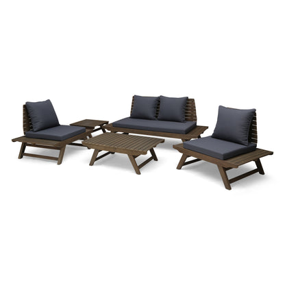 Martha Outdoor Acacia Wood 4 Seater Chat Set with Side Table and Coffee Table