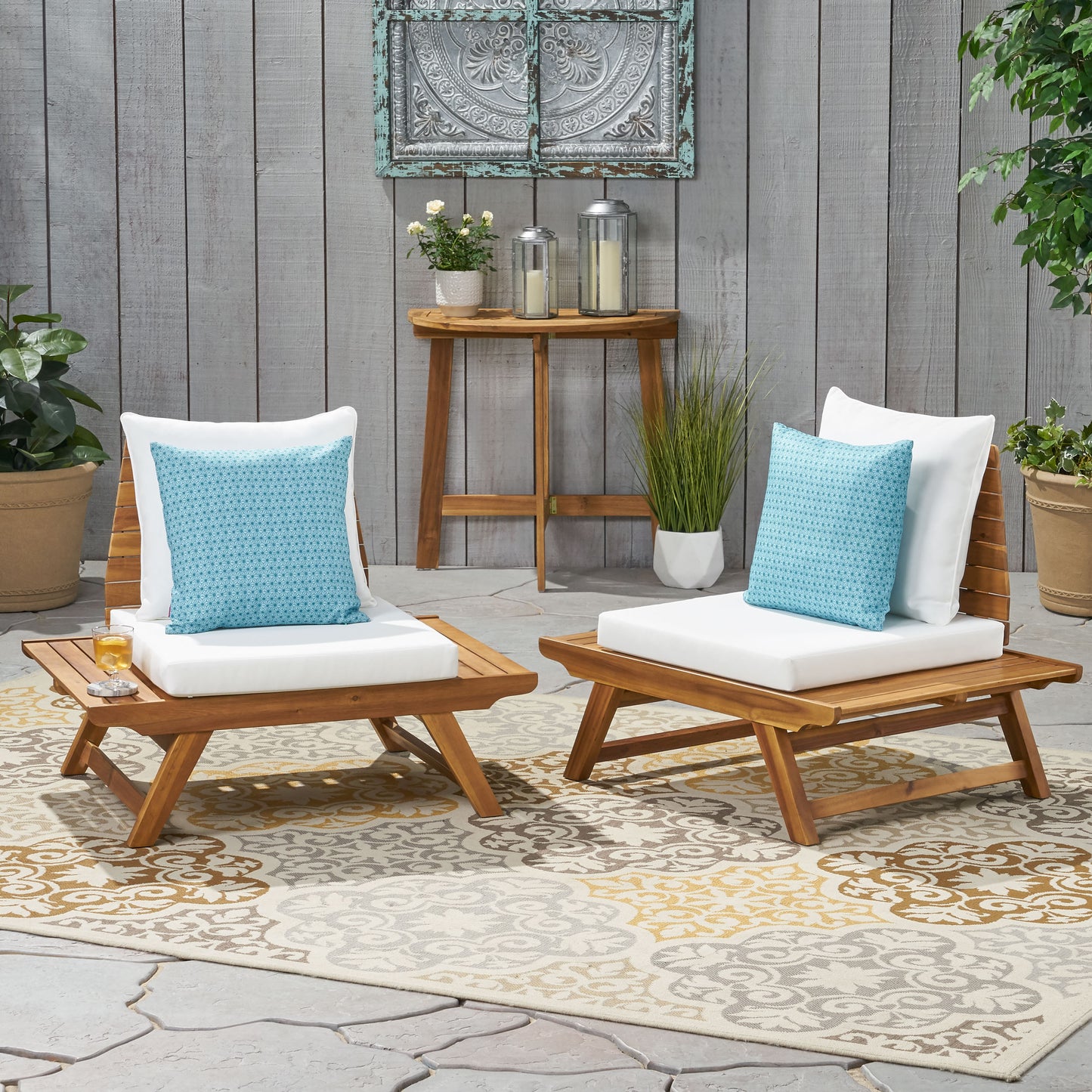 Kailee Outdoor Wooden Club Chairs with Cushions (Set of 2), Dark Gray and Gray Finish