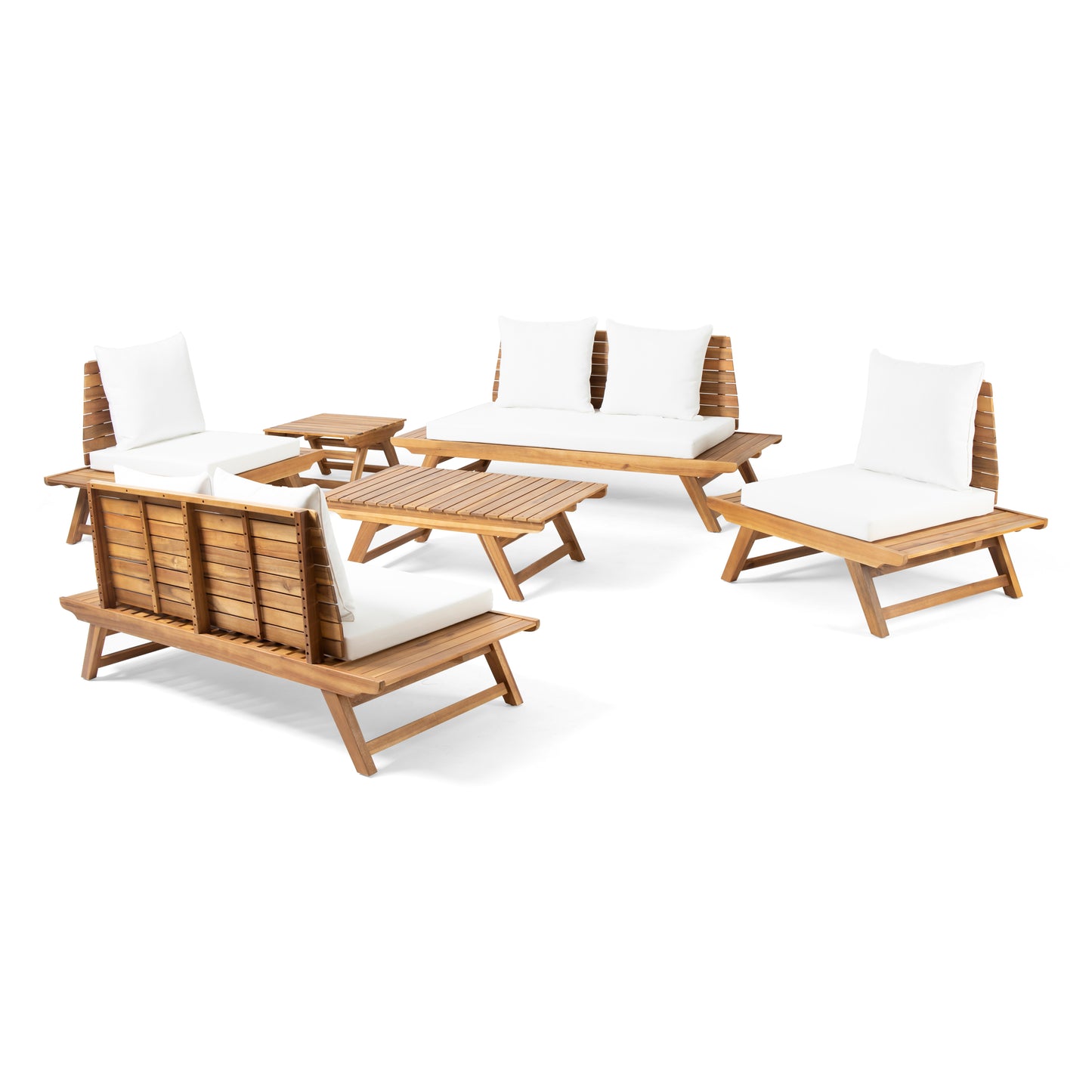 Kaiya Outdoor Acacia Wood 6 Seater Chat Set with Side Table and Coffee Table