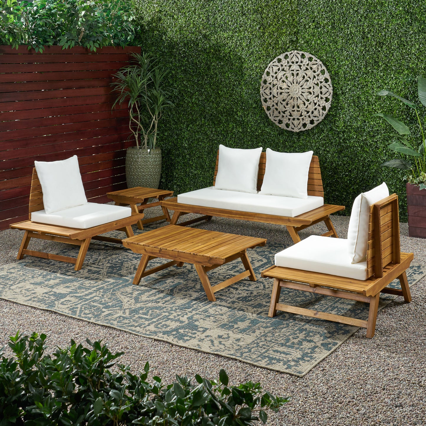 Kaiya Outdoor Acacia Wood 4 Seater Chat Set with Side Table and Coffee Table