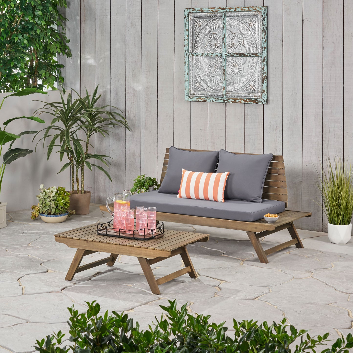 Enid Outdoor 2 Seater Acacia Wood Loveseat and Coffee Table Set