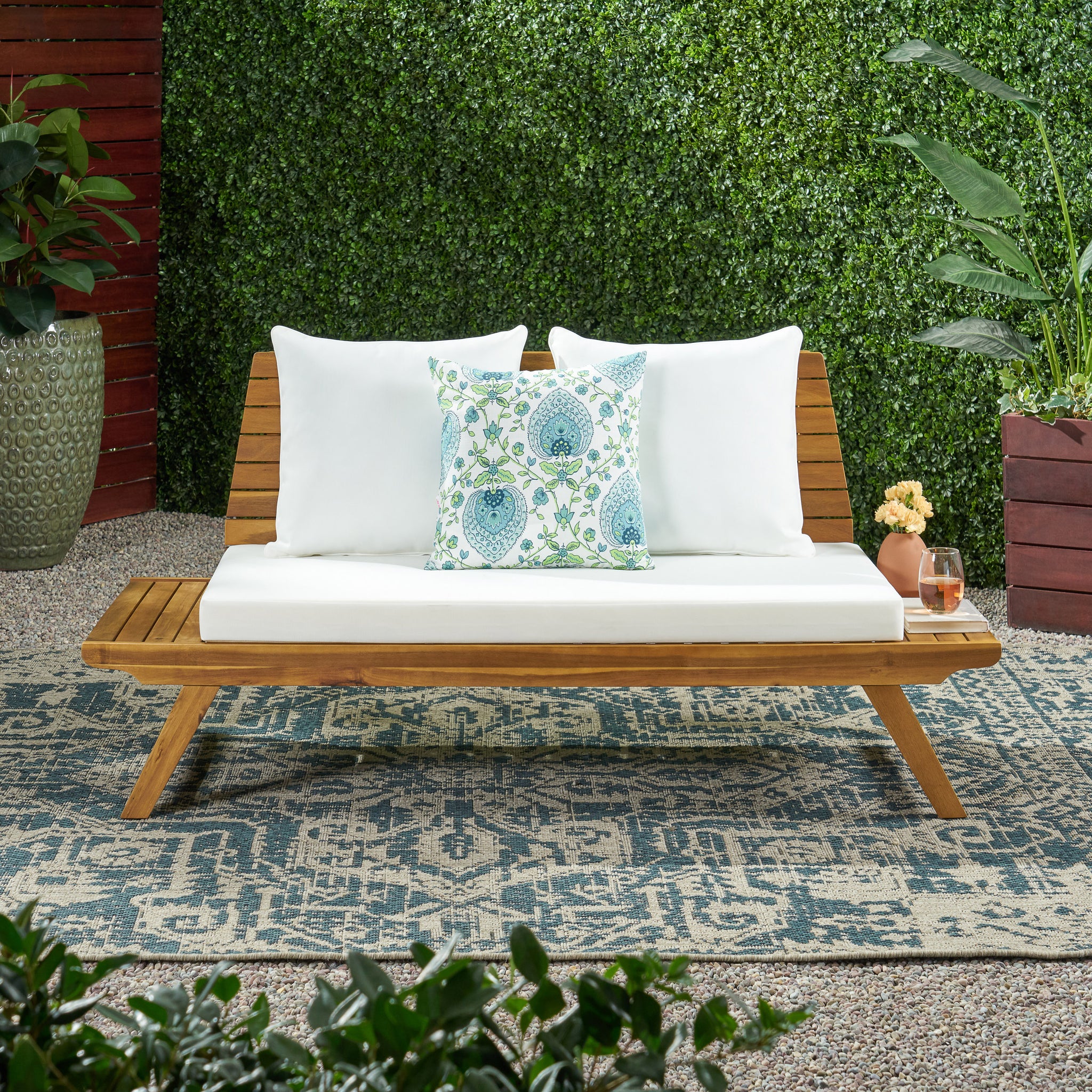 Kaiya Outdoor Wooden Loveseat with Cushions GDFStudio