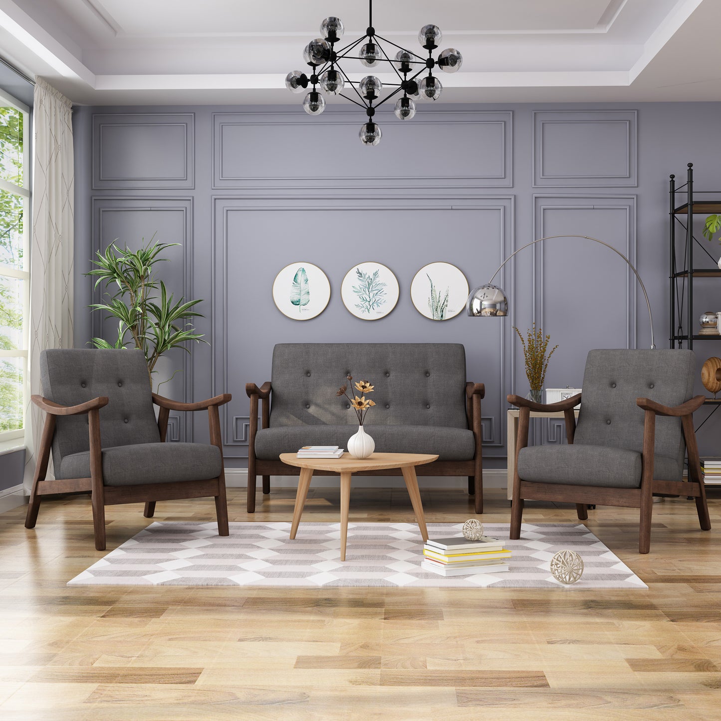 Taya Mid-Century Modern 3-Piece Chairs & Love Seat Living Room Set