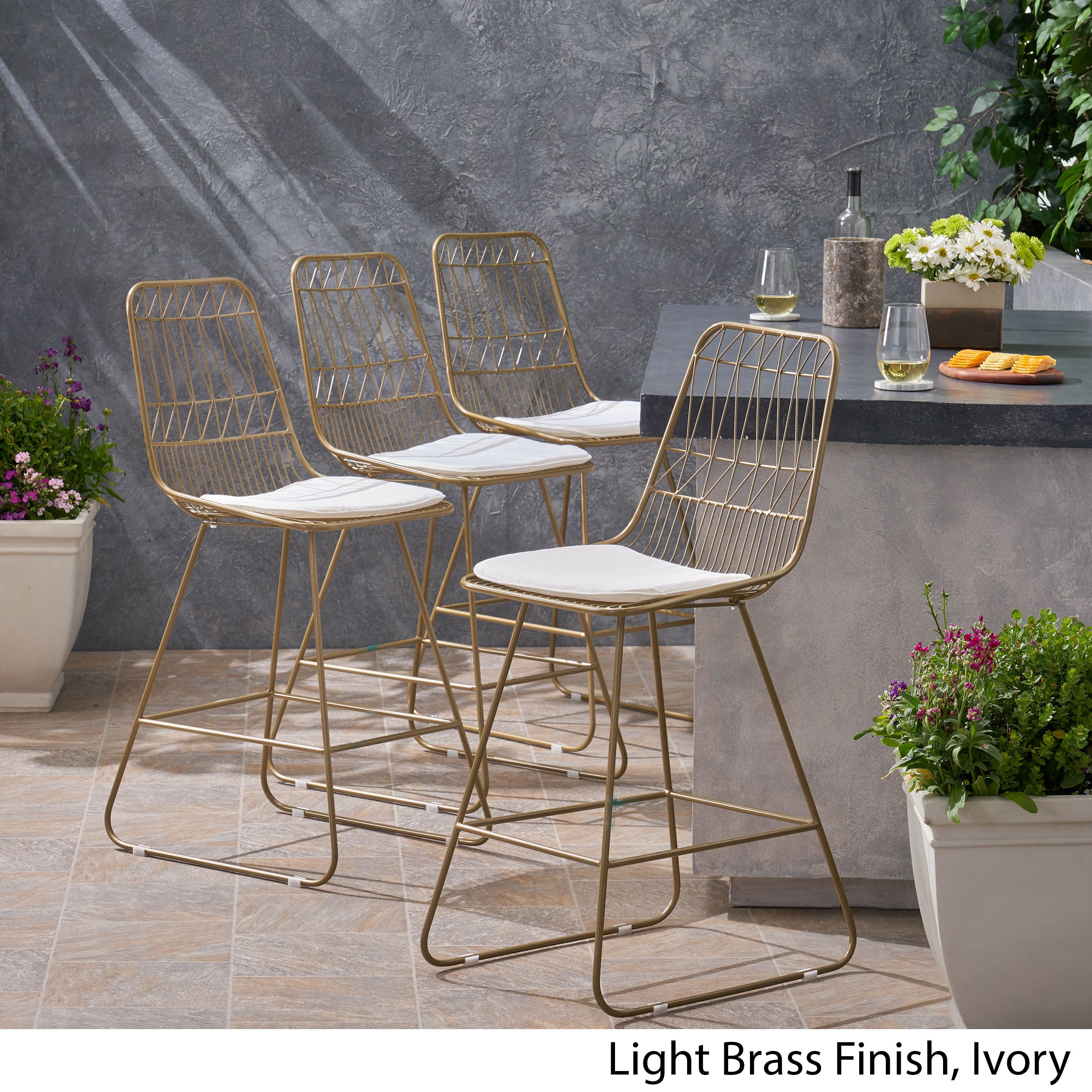 Hedy Outdoor Wire Counter Stools with Cushions Set of 4 GDFStudio