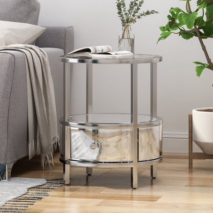 Celina Modern Round End Table with Tempered Glass Drawers and Stainless Steel Frame, Silver