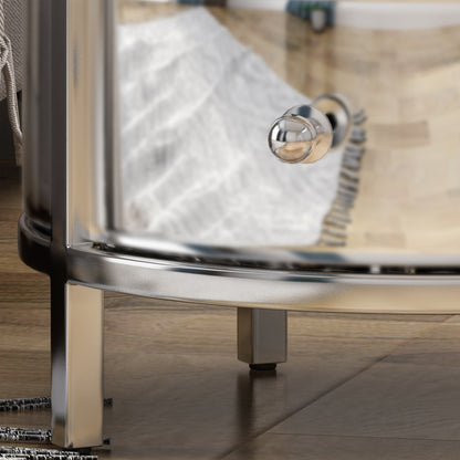 Celina Modern Round End Table with Tempered Glass Drawers and Stainless Steel Frame, Silver