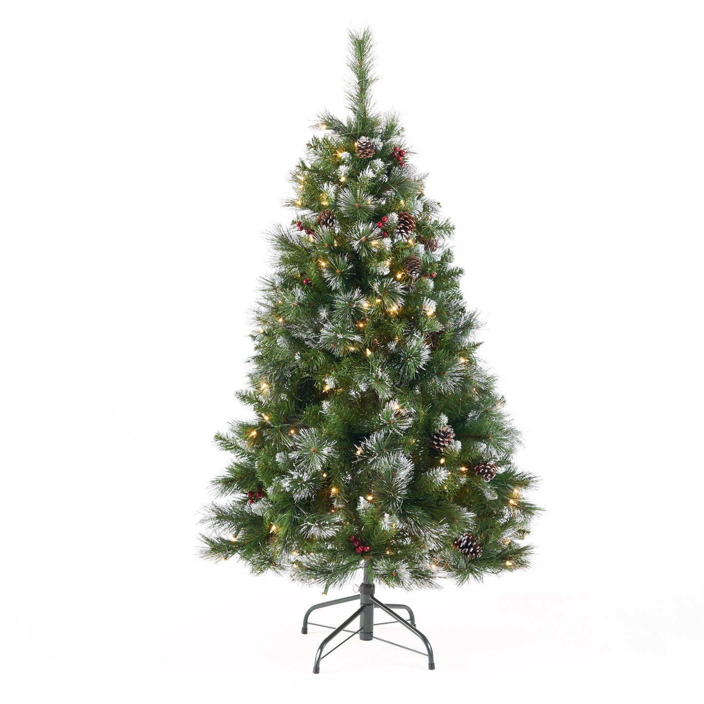 4.5-foot Mixed Spruce Hinged Artificial Christmas Tree with Glitter Branches, Red Berries, and Pinecones