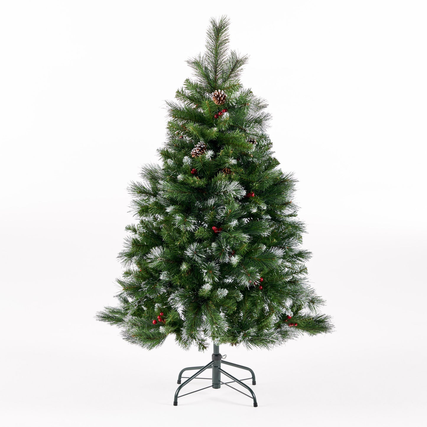 4.5-foot Mixed Spruce Hinged Artificial Christmas Tree with Glitter Branches, Red Berries, and Pinecones