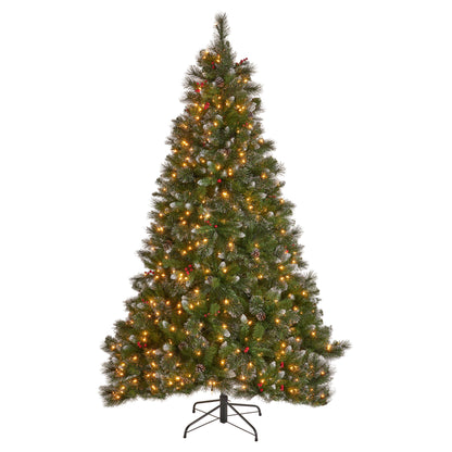 7.5-foot Mixed Spruce Hinged Artificial Christmas Tree with Glitter Branches, Red Berries, and Pinecones