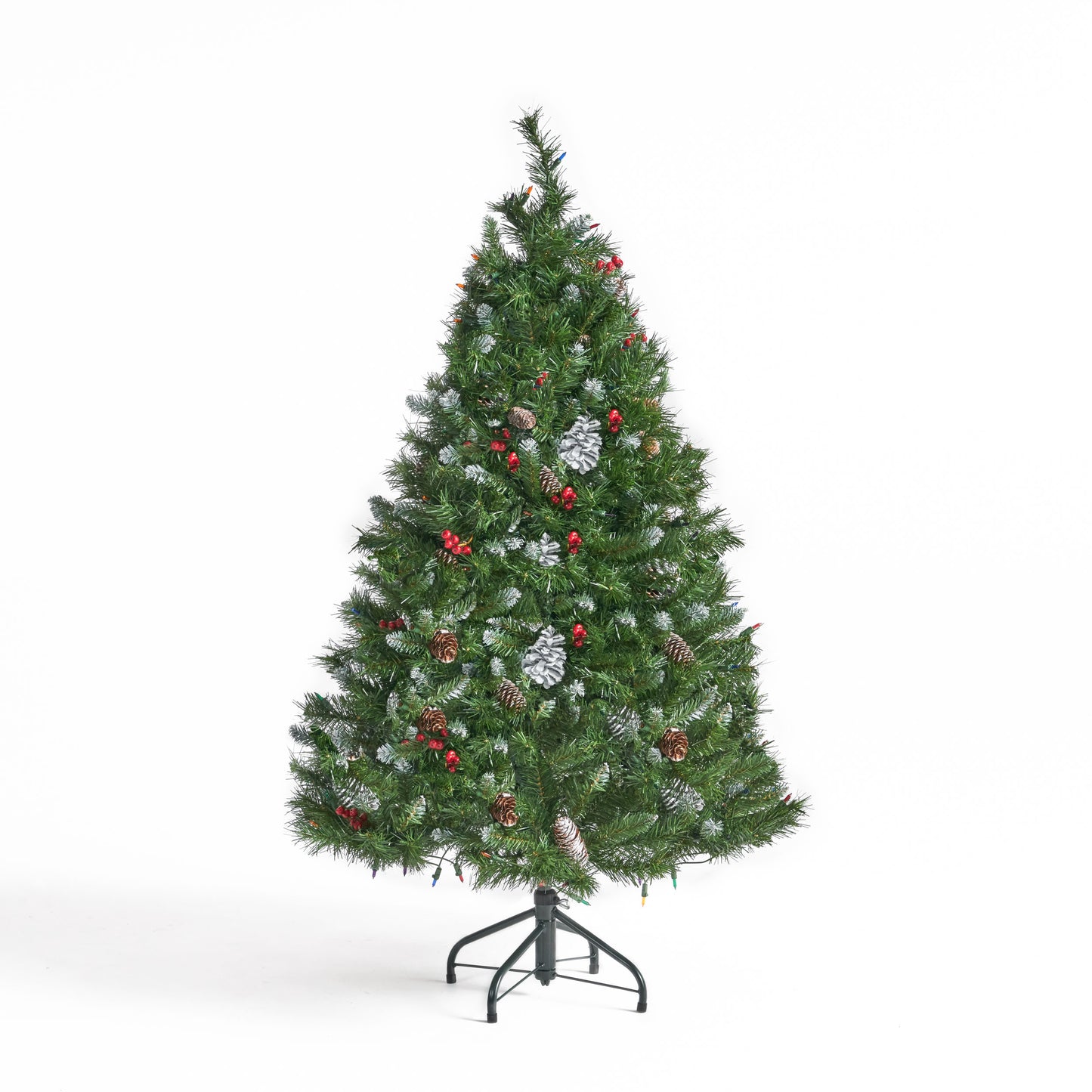 4.5-foot Mixed Spruce Hinged Artificial Christmas Tree with Frosted Branches, Red Berries, and Frosted Pinecones