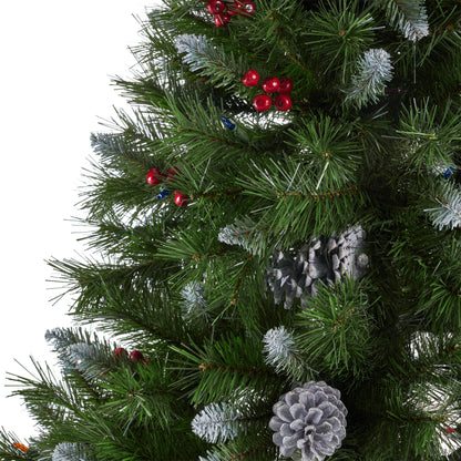 7-foot Mixed Spruce Hinged Artificial Christmas Tree with Frosted Branches, Red Berries, and Frosted Pinecones