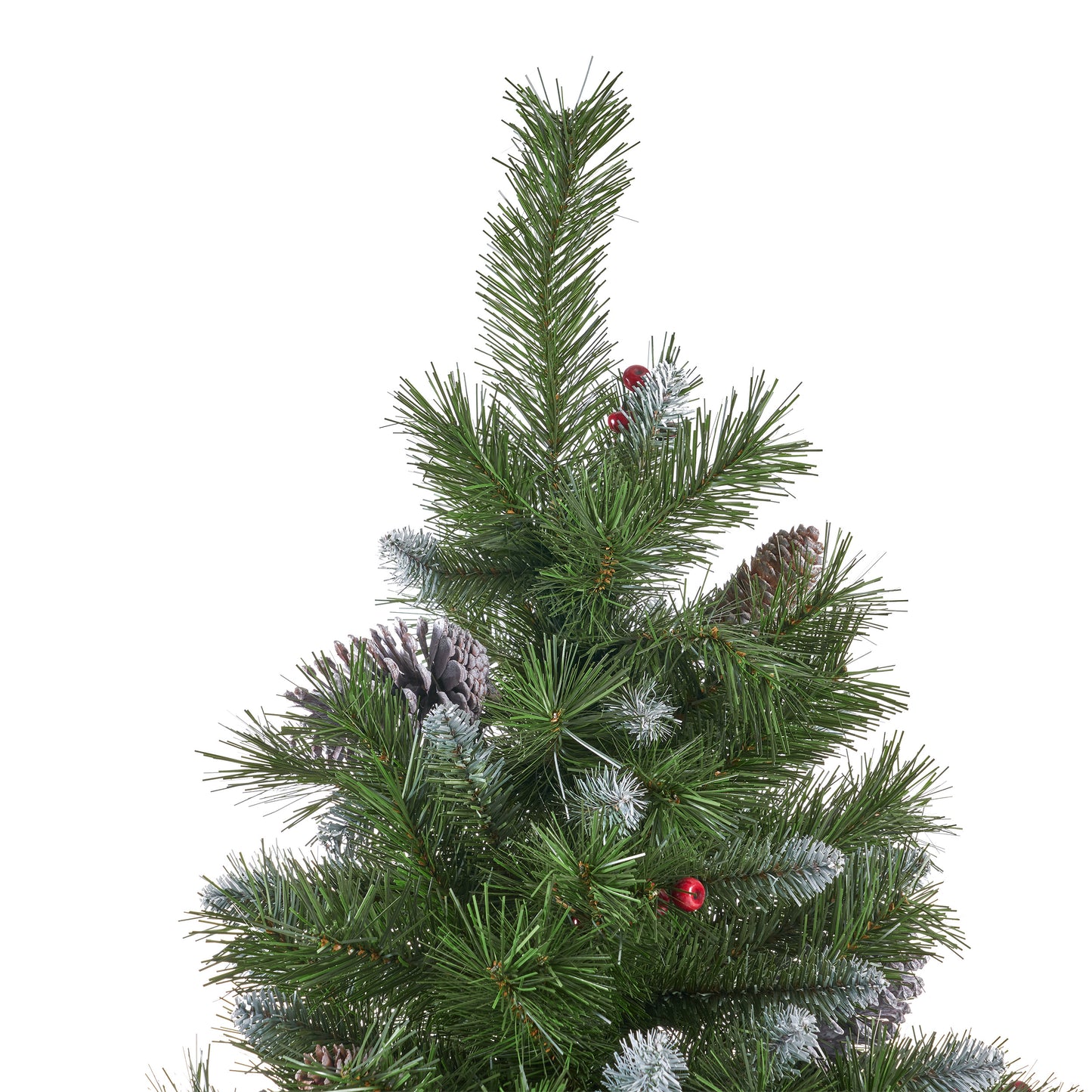 9-foot Mixed Spruce Hinged Artificial Christmas Tree with Frosted Branches, Red Berries, and Frosted Pinecones