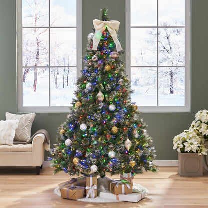 7-foot Cashmere Pine and Mixed Needles Pre-Lit Clear LED Hinged Artificial Christmas Tree with Snow and Glitter Branches and Frosted Pinecones
