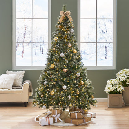 7.5-foot Cashmere Pine and Mixed Needles Pre-Lit Clear LED Hinged Artificial Christmas Tree with Snow and Glitter Branches and Frosted Pinecones
