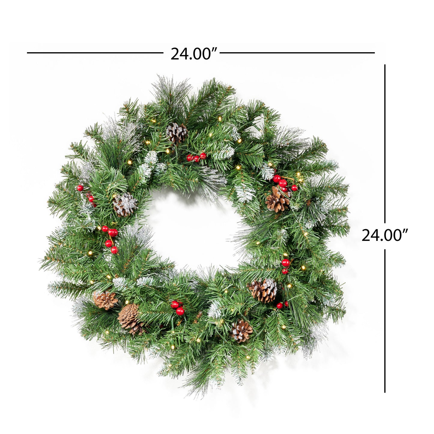 24" Mixed Spruce Warm White LED Artificial Christmas Wreath with Glitter Branches, Red Berries, Pinecones