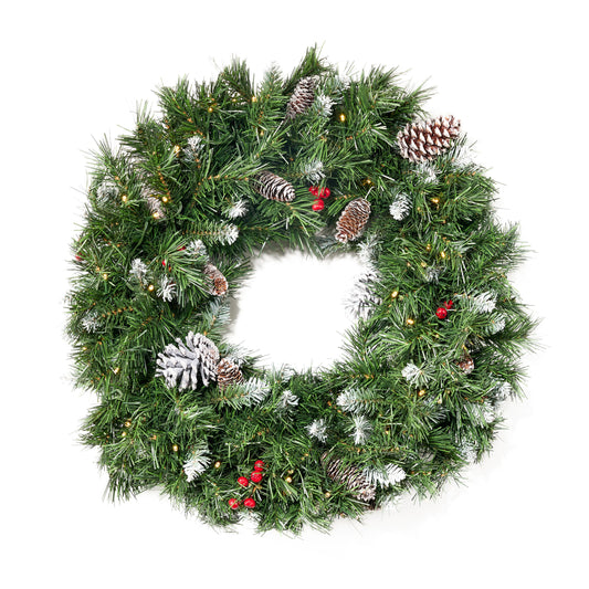 24" Mixed Spruce Pre-Lit Warm White LED Artificial Christmas Wreath with Frosted Branches, Red Berries and Pinecones