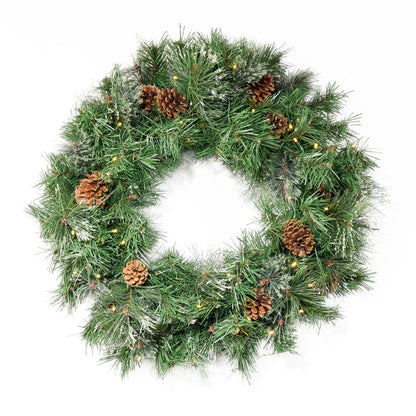 24" Cashmere Pine and Mixed Needles Warm White LED Artificial Christmas Wreath with Snowy Branches and Pinecones